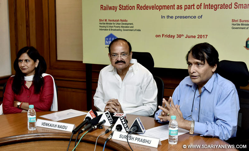 The Union Minister for Railways, Shri Suresh Prabhakar Prabhu addressing at the signing ceremony of the MoUs between SDMC and NBCC for construction of administration building for SDMC and Rail Land Development Authority and NBCC for development of railway stations, in New Delhi on June 30, 2017. The Union Minister for Urban Development, Housing & Urban Poverty Alleviation and Information & Broadcasting, Shri M. Venkaiah Naidu is also seen.