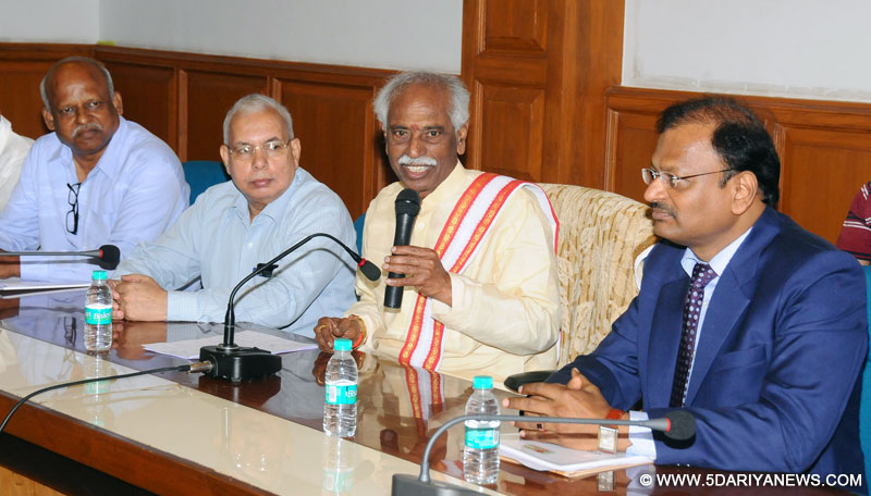 The Minister of State for Labour and Employment (Independent Charge), Shri Bandaru Dattatreya addressing a press conference, at ESIC Regional Office, in Hyderabad on July 01, 2017. 