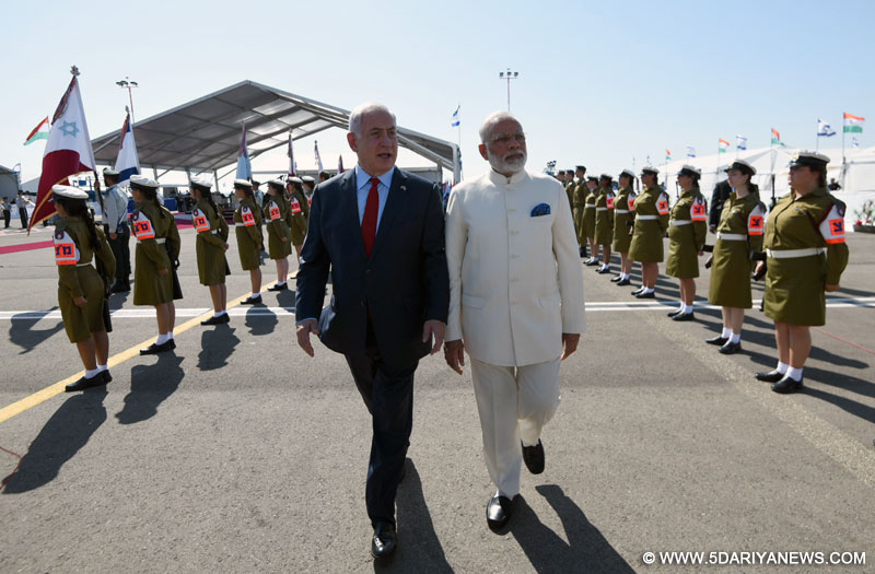 The Prime Minister, Shri Narendra Modi being received by the Prime Minister of Israel, Mr. Benjamin Netanyahu, on his arrival, at Ben Gurion Airport, in Tel Aviv, Israel on July 04, 2017. 