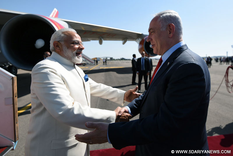 The Prime Minister, Shri Narendra Modi being received by the Prime Minister of Israel, Mr. Benjamin Netanyahu, on his arrival, at Ben Gurion Airport, in Tel Aviv, Israel on July 04, 2017. 