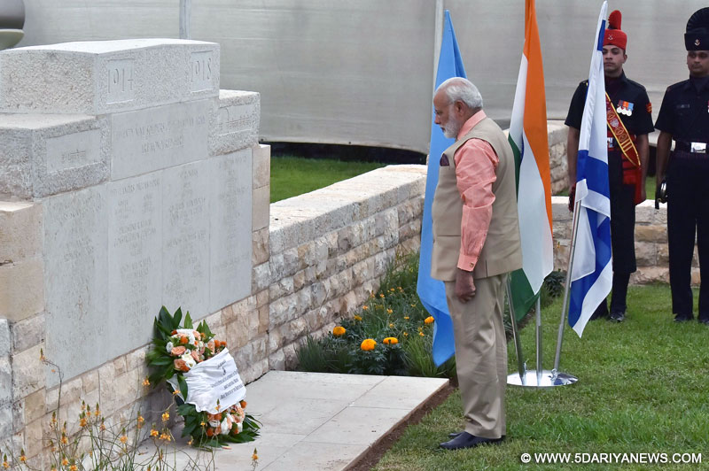 The Prime Minister, Shri Narendra Modi paying homage at the Indian cemetery at Haifa, which Indian cavalry regiments helped liberate in 1918, in Israel on July 06, 2017.