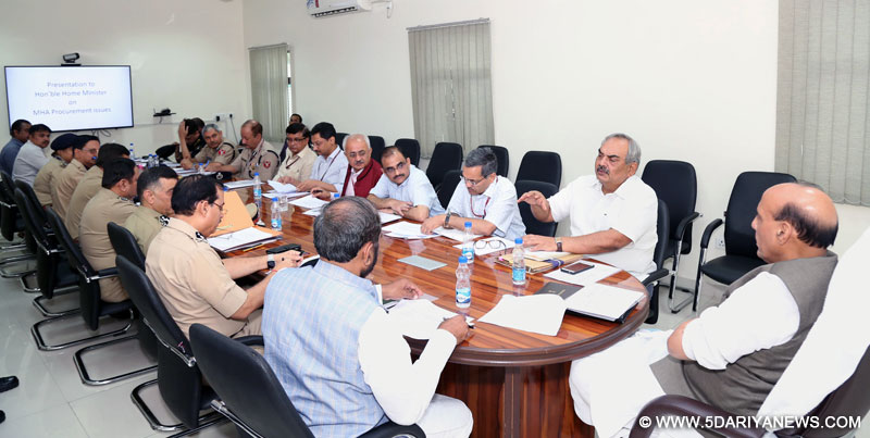 The Union Home Minister, Shri Rajnath Singh chairing a review meeting of the Police Modernisation Division of the Ministry of Home Affairs (MHA), in New Delhi on July 06, 2017. The Minister of State for Home Affairs, Shri Hansraj Gangaram Ahir and senior officers of MHA are also seen.