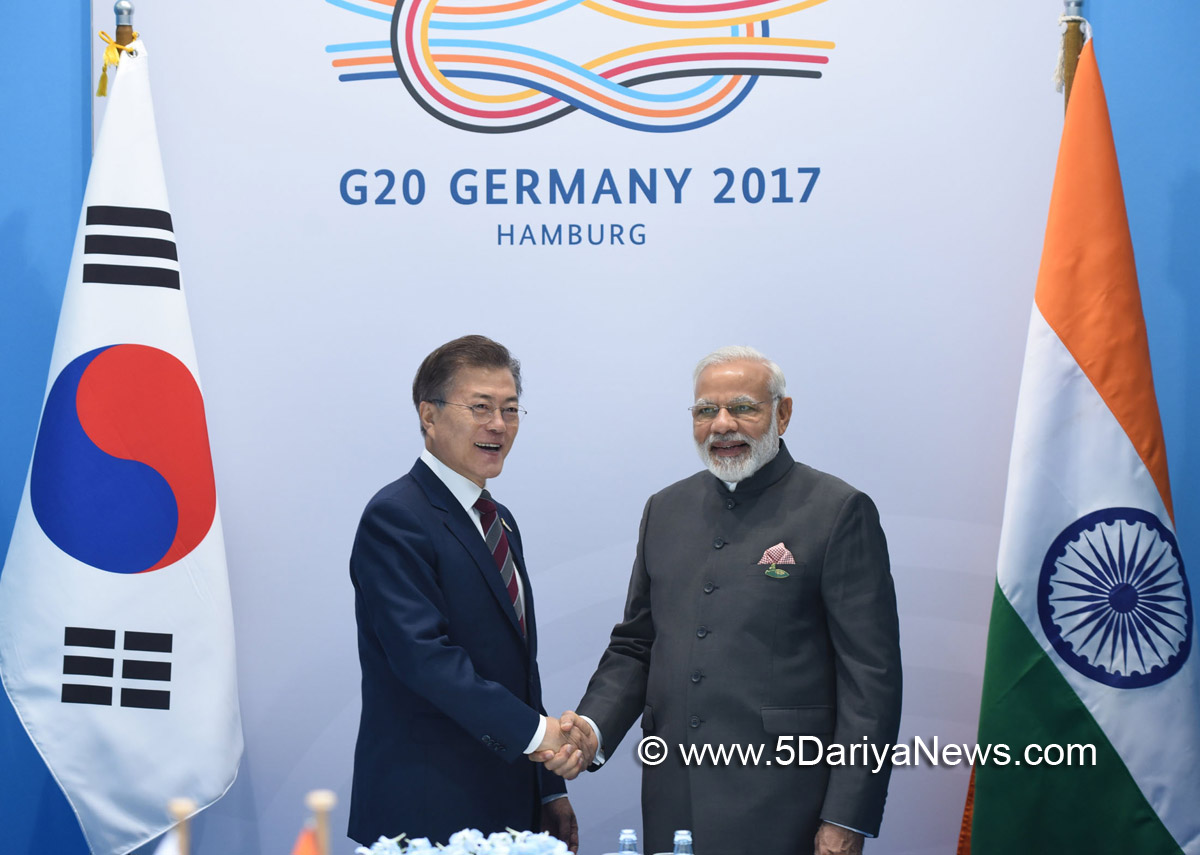 The Prime Minister, Shri Narendra Modi in bilateral meeting with the President of South Korea, Mr. Moon Jae-in, on the sidelines of the 12th G-20 Summit, at Hamburg, Germany on July 08, 2017.