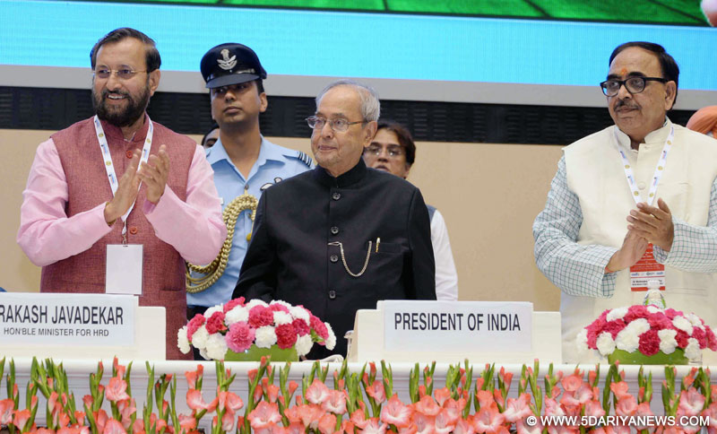  The President, Shri Pranab Mukherjee launching the SWAYAM, 32 SWAYAM Prabha DTH Channels and National Academic Depository, at the National Convention on Digital Initiatives, organised by the Ministry of Human Resource Development, in New Delhi on July 09, 2017. The Union Minister for Human Resource Development, Shri Prakash Javadekar and the Minister of State for Human Resource Development, Dr. Mahendra Nath Pandey are also seen.