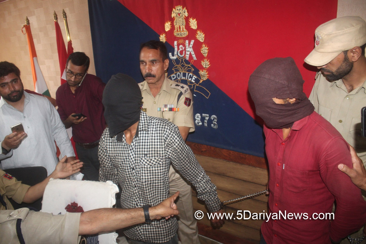 Police present before press Lashkar-e-Taiba (LeT) militants including a Hindu militant identified as Sandeep Kumar, in Srinagar on July 10, 2017