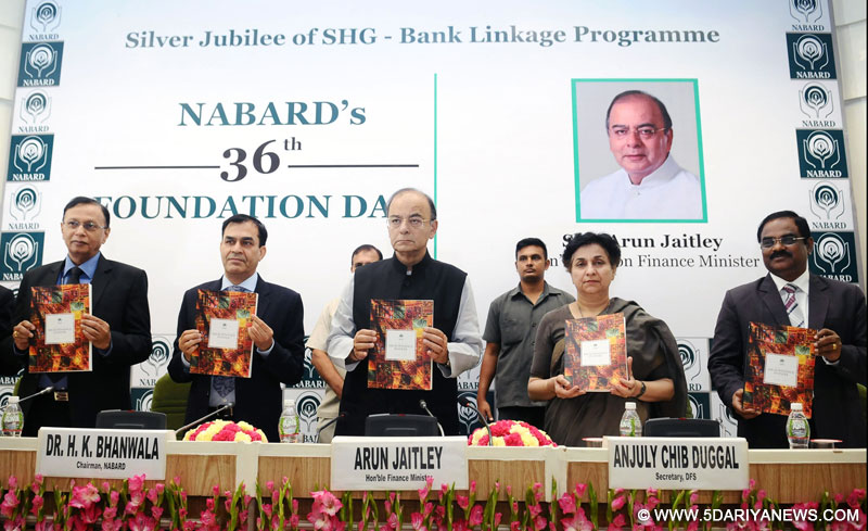 Arun Jaitley releasing the book on ‘Status of Micro Finance in India 2016-17’, at the 36th NABARD Foundation Day and Silver Jubilee of SHG Bank Linkage Programme, in New Delhi on July 11, 2017.