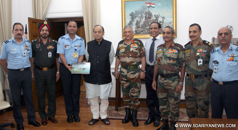 The Union Minister for Finance, Corporate Affairs and Defence, Shri Arun Jaitley releasing a Coffee Table Book titled ‘Ganga Avahan – The Epic Tale of a Historic Swim’, in New Delhi on July 14, 2017. The Chief of Army Staff, General Bipin Rawat and other dignitaries are also seen. 