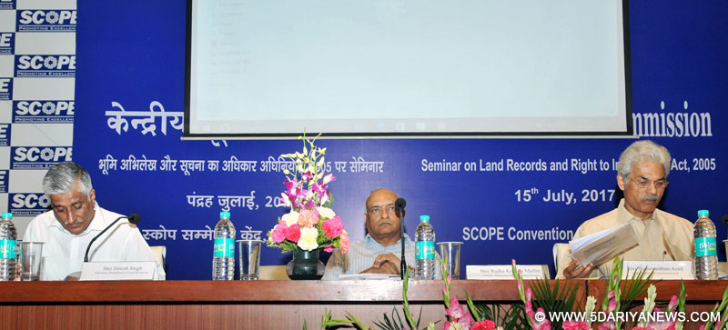  The Secretary, Department of Land Resources, Shri Dinesh Singh, the Chief Information Commissioner, Central Information Commission (CIC), Shri Radha Krishna Mathur and the Information Commissioner, CIC, Shri Yashovardhan Azad, during the seminar on ‘Land Records and Right to Information Act 2005’, organised by the CIC, in New Delhi on July 15, 2017.