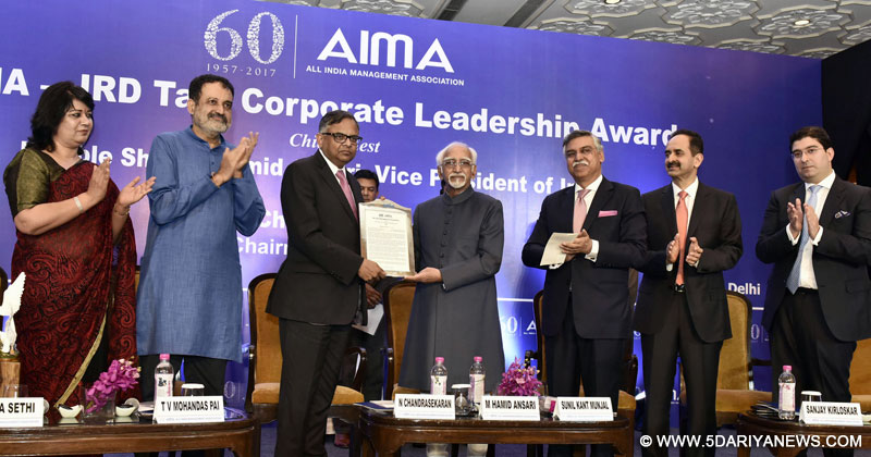  The Vice President, Shri M. Hamid Ansari presenting the AIMA - JRD Tata Corporate Leadership Award to Shri N. Chandrasekaran, Chairman of Tata Sons Ltd., in New Delhi on July 18, 2017.
