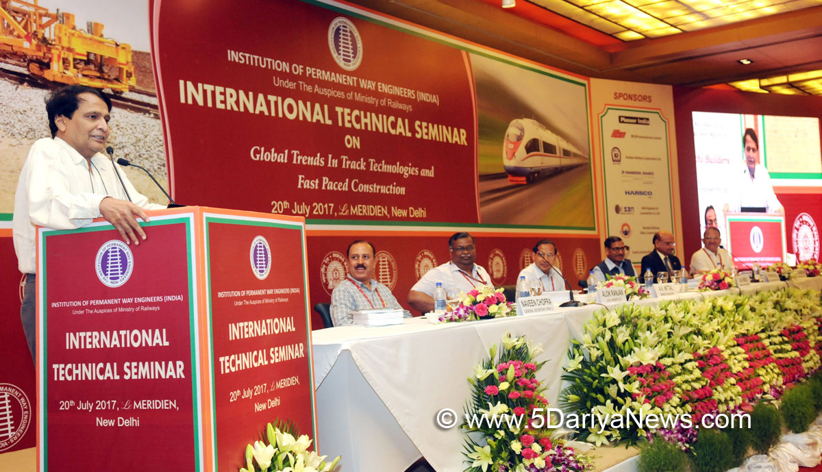 The Union Minister for Railways, Shri Suresh Prabhakar Prabhu addressing the gathering at the International Technical Seminar of the Institution of Permanent Way Engineers (India) on “Global Trends in Track Technologies and Fast Paced Construction”, in New Delhi on July 20, 2017. The Chairman, Railway Board, Shri A.K. Mital and other dignitaries are also seen.