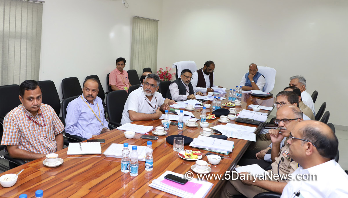 The Union Home Minister, Shri Rajnath Singh chairing a meeting to review the status of development projects in LWE affected States, in New Delhi on August 04, 2017. The Minister of State for Home Affairs, Shri Hansraj Gangaram Ahir, the OSD, MHA, Shri Rajiv Gauba and Senior Officers are also seen.