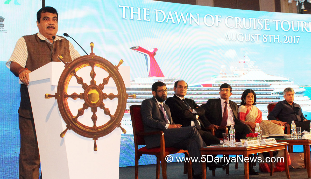 The Union Minister for Road Transport & Highways and Shipping, Shri Nitin Gadkari addressing at an exclusive preview of the Dawn of Cruise Tourism in India, in Mumbai on August 08, 2017. The Secretary, Ministry of Culture and Tourism, Smt. Rashmi Verma and other dignitaries are also seen.