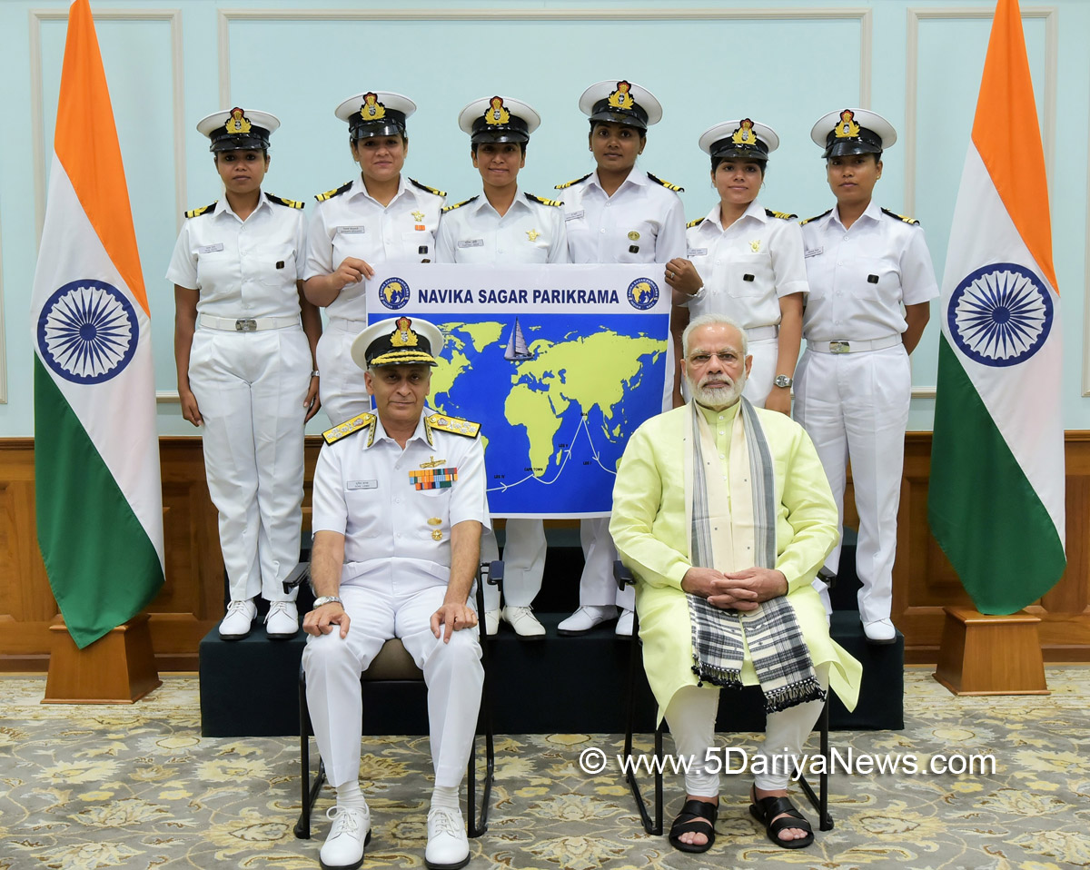 The Prime Minister, Shri Narendra Modi with the Six women officers of the Indian Navy who are due to circumnavigate the globe on the sailing vessel INSV Tarini, in New Delhi on August 16, 2017. The Chief of Naval Staff, Admiral Sunil Lanba is also seen.