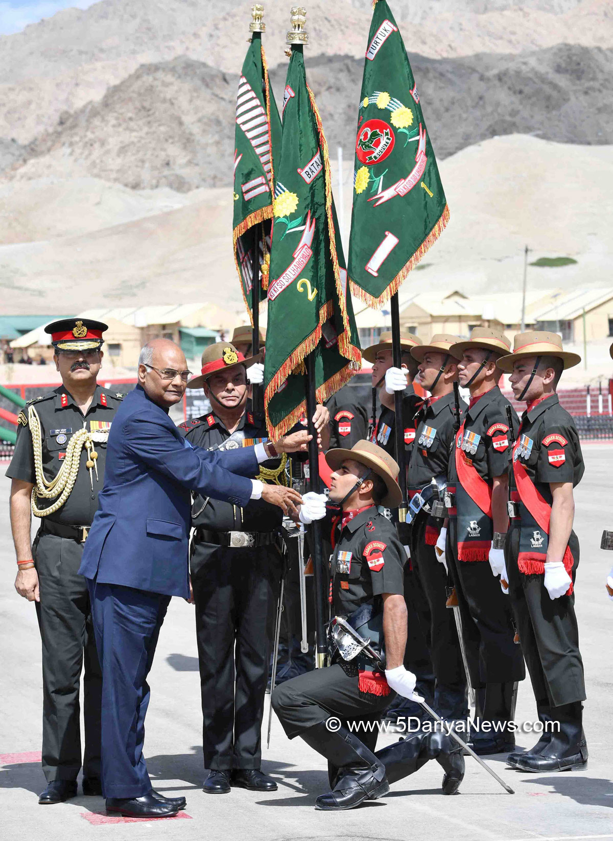 The President, Shri Ram Nath Kovind presented the President’s Colours to all five Ladakh Scouts Battalions and Ladakh Scouts Regimental Centre, in Leh on August 21, 2017. 
