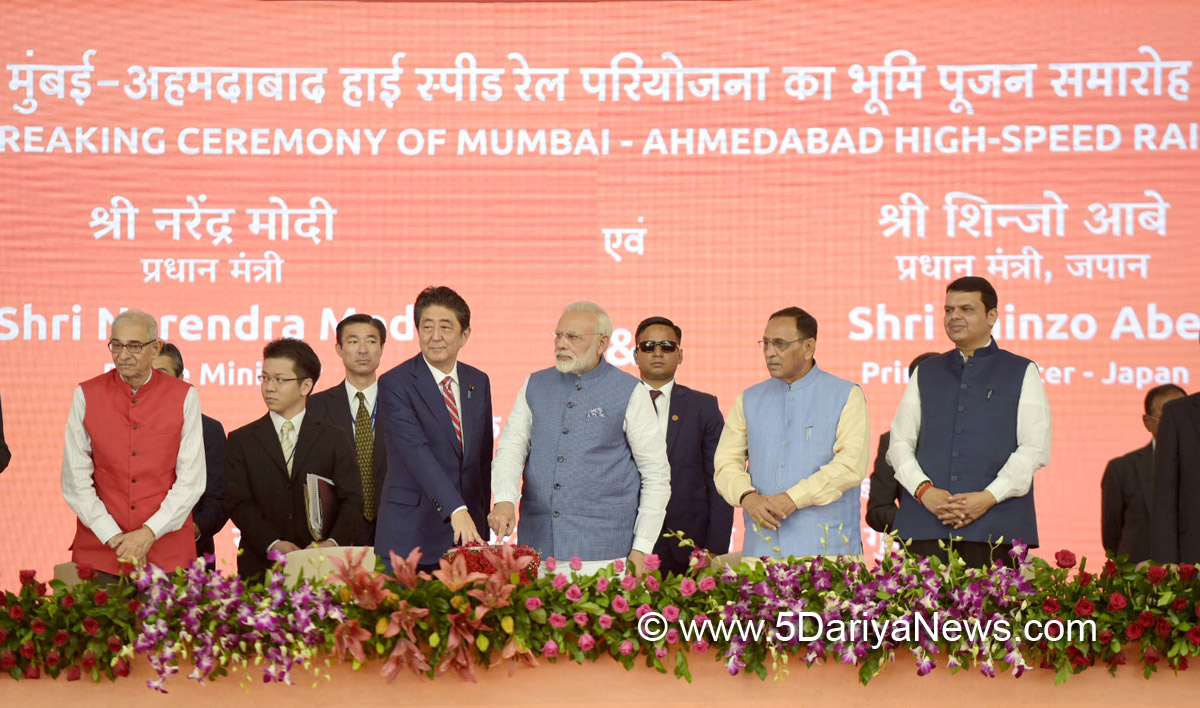 The Prime Minister, Shri Narendra Modi and the Prime Minister of Japan, Mr. Shinzo Abe laying the foundation stone for Mumbai-Ahmedabad High speed Rail Project, at a function, at Ahmedabad, Gujarat on September 14, 2017. 