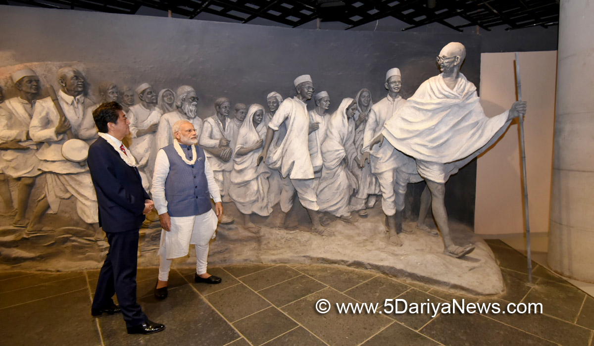The Prime Minister, Shri Narendra Modi and the Prime Minister of Japan, Mr. Shinzo Abe visit Dandi Kutir, in Gandhinagar, Gujarat on September 14, 2017.