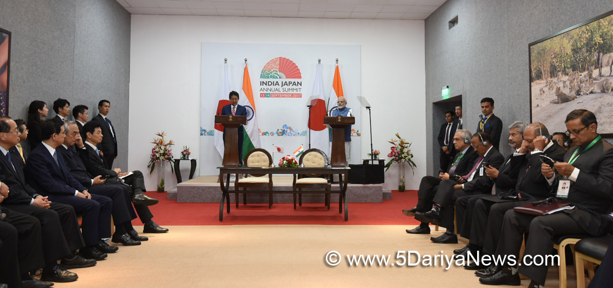 The Prime Minister, Shri Narendra Modi and the Prime Minister of Japan, Mr. Shinzo Abe at the joint press statement, during 12th India Japan Annual Summit, at Mahatma Mandir, in Gandhinagar, Gujarat on September 14, 2017.