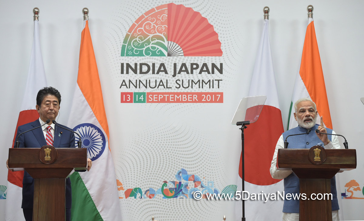 The Prime Minister, Shri Narendra Modi and the Prime Minister of Japan, Mr. Shinzo Abe at the joint press statement, during 12th India Japan Annual Summit, at Mahatma Mandir, in Gandhinagar, Gujarat on September 14, 2017.