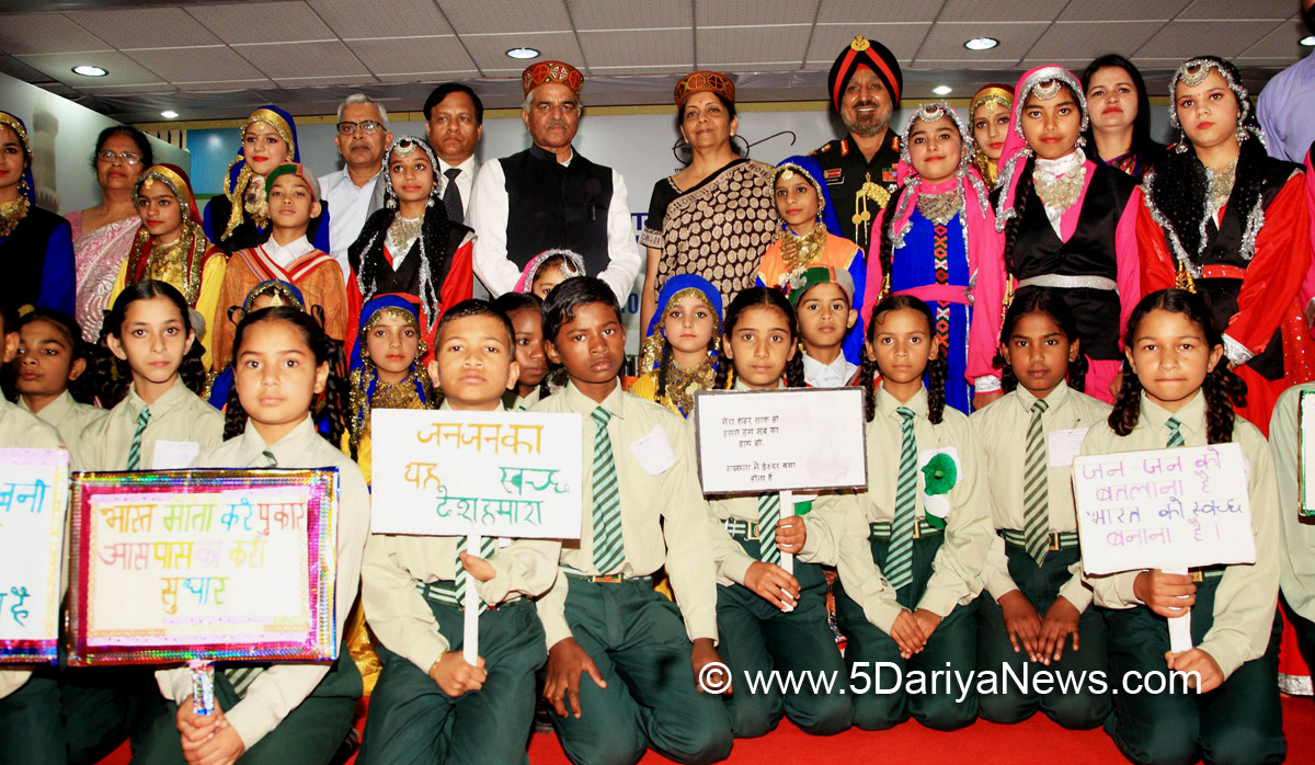 Nirmala Sitharaman along with school children and members of cultural troupe at the felicitation of the Cantonment Boards on their achievement of acquiring Open Defecation Free (ODF) certificates, in Kasauli, Himachal Pradesh on September 16, 2017. 