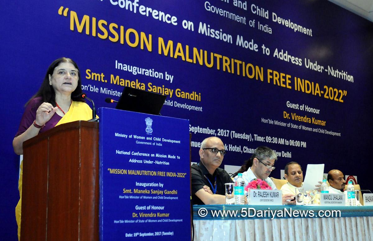 The Union Minister for Women and Child Development, Smt. Maneka Sanjay Gandhi addressing at the inauguration of the National Conference on Mission Mode to address Under-Nutrition, in New Delhi on September 19, 2017. 