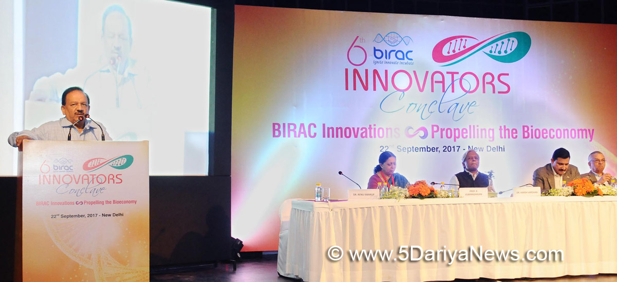 Dr. Harsh Vardhan addressing at the inauguration of the BIRAC Innovators Conclave and Bio-Innovation Fair, in New Delhi on September 22, 2017. 