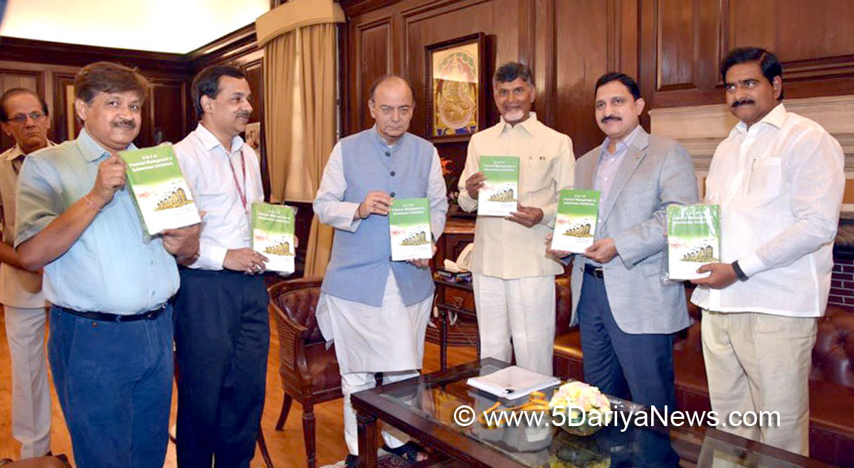The Union Minister for Finance and Corporate Affairs, Shri Arun Jaitley along with the Chief Minister of Andhra Pradesh, Shri N. Chandrababu Naidu releasing a book on ‘A to Z’ of financial management in autonomous institutions, in New Delhi on September 26, 2017. The Minister of State for Science & Technology and Earth Sciences, Shri Y.S. Chowdary and other dignitaries are also seen.