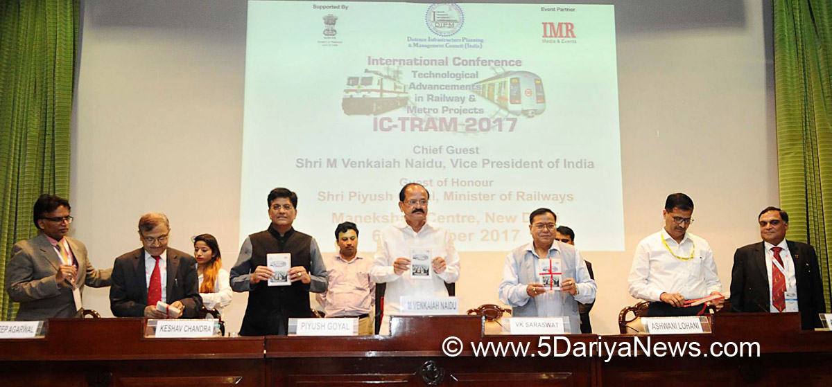  The Vice President, Shri M. Venkaiah Naidu releasing the Souvenir on the International Conference on Technological Advancements in Railway & Metro Projects 2017, in New Delhi on October 06, 2017. The Union Minister for Railways and Coal, Shri Piyush Goyal and other dignitaries are also seen. 