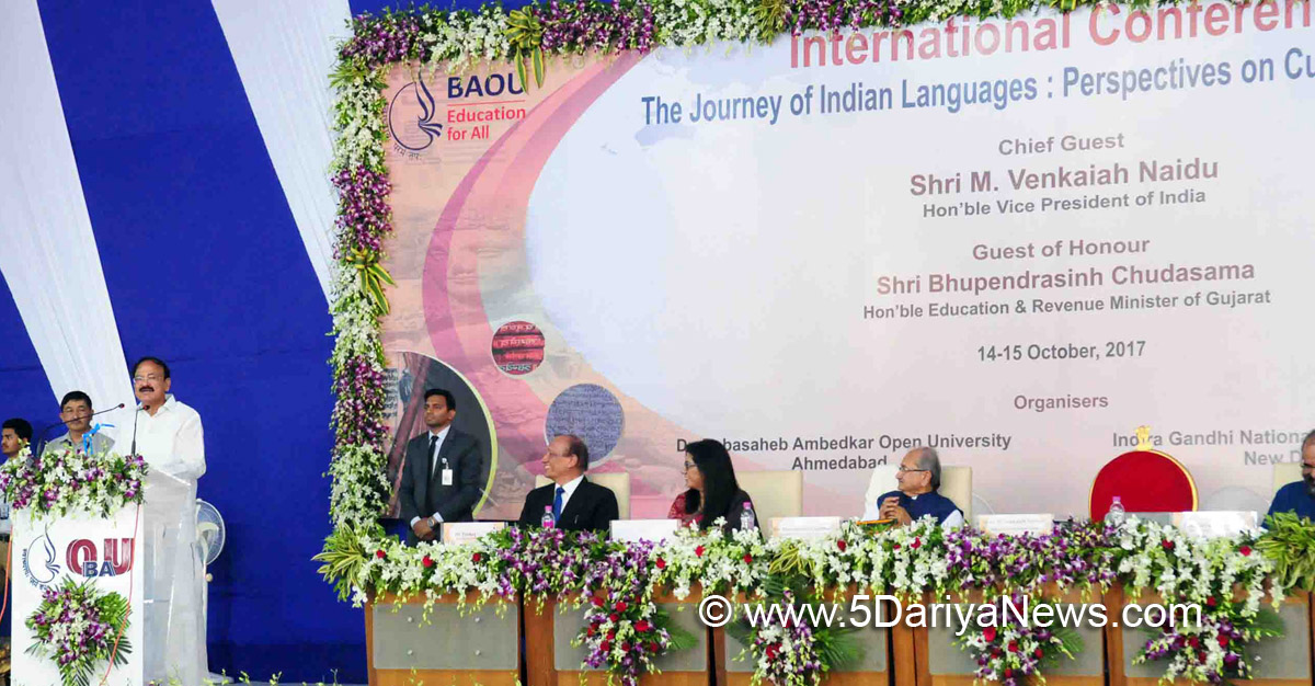 The Vice President, Shri M. Venkaiah Naidu addressing the inaugural session of the International Conference on ‘The Journey of Indian Languages: Perspectives on Culture and Society’ at Dr. B.R. Ambedkar Open University, in Ahmedabad on October 14, 2017. 