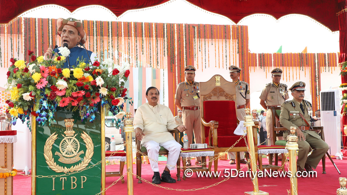 Rajnath Singh addressing at the 56th Raising Day Parade of Indo-Tibetan Border Police (ITBP), at 39th Bn, ITBP, Lakhnawali Camp, Surajpur, Greater Noida on October 24, 2017. The Minister of State for Culture (I/C) and Environment, Forest & Climate Change, Dr. Mahesh Sharma and the DG, ITBP, Shri R.K. Pachnanda are also seen.