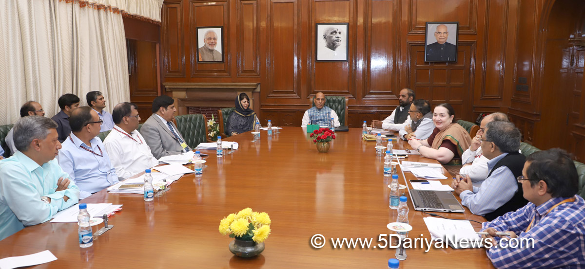 The Union Home Minister, Shri Rajnath Singh chairing a meeting on the development projects in Jammu and Kashmir, in New Delhi on October 26, 2017. The Chief Minister of Jammu and Kashmir, Ms. Mehbooba Mufti, the Minister of State for Home Affairs, Shri Hansraj Gangaram Ahir and senior officers of MHA and state government are also seen.