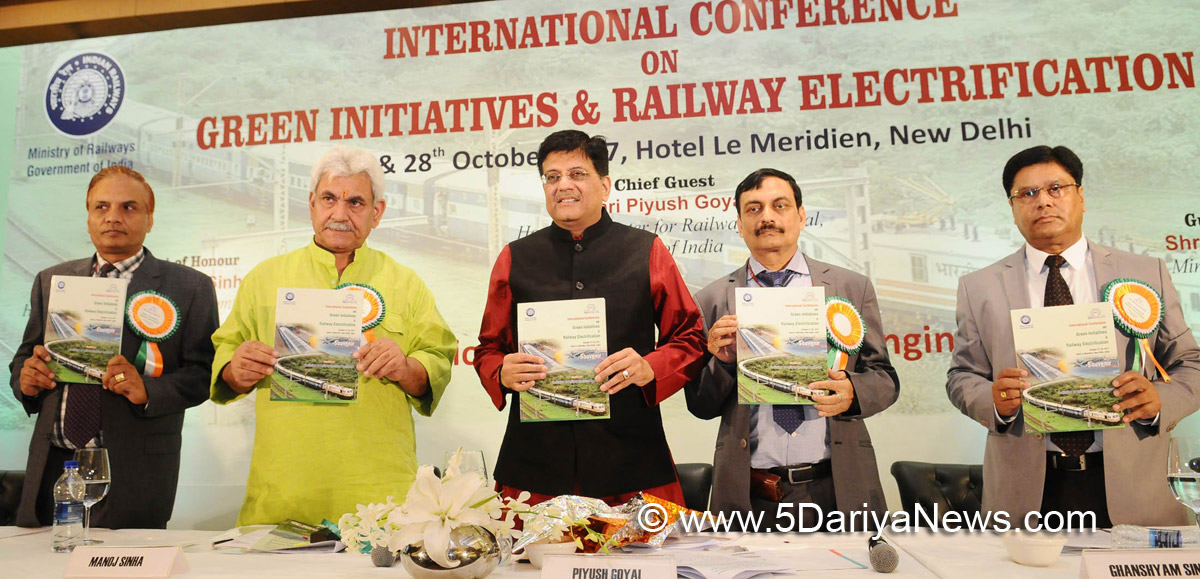 The Union Minister for Railways and Coal, Shri Piyush Goyal releasing the souvenir, at the inauguration of the International Conference on Green Initiatives & Railway Electrification, organised by the Ministry of Railways through Institution of Railways Electrical Engineer (IREE), in New Delhi on October 27, 2017. The Minister of State for Communications (I/C) and Railways, Shri Manoj Sinha, the Member Traction Railway Board & Patron, IREE, Shri Ghanshyam Singh and other dignitaries are also see