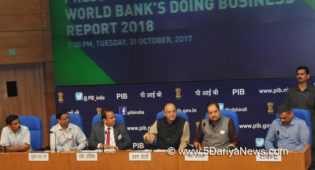 The Union Minister for Finance and Corporate Affairs, Shri Arun Jaitley addressing a press conference on India’s ranking in the World Bank’s Ease of Doing Business Report 2018, in New Delhi on October 31, 2017. The Secretary, DIPP, Shri Ramesh Abhishek, the Principal Director General (M&C), Press Information Bureau, Shri A.P. Frank Noronha and other dignitaries are also seen.