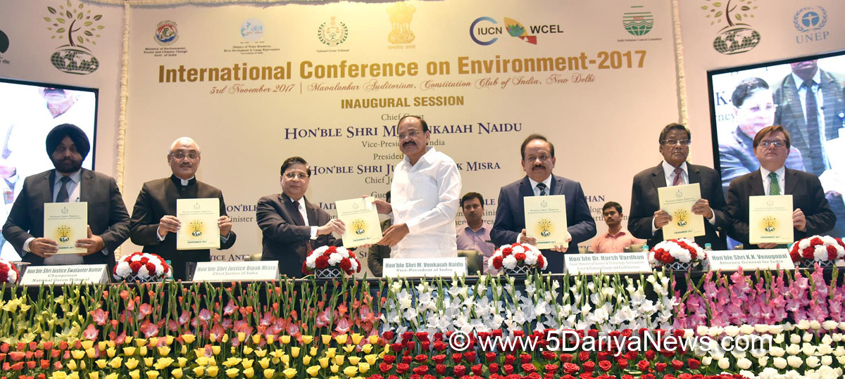  The Vice President, Shri M. Venkaiah Naidu releasing the souvenir at the inaugural session of the International Conference on Environment-2017, organised by the National Green Tribunal, in New Delhi on November 03, 2017. The Chief Justice of India, Justice Shri Dipak Misra, the Union Minister for Science & Technology, Earth Sciences and Environment, Forest & Climate Change, Dr. Harsh Vardhan and other dignitaries are also seen.