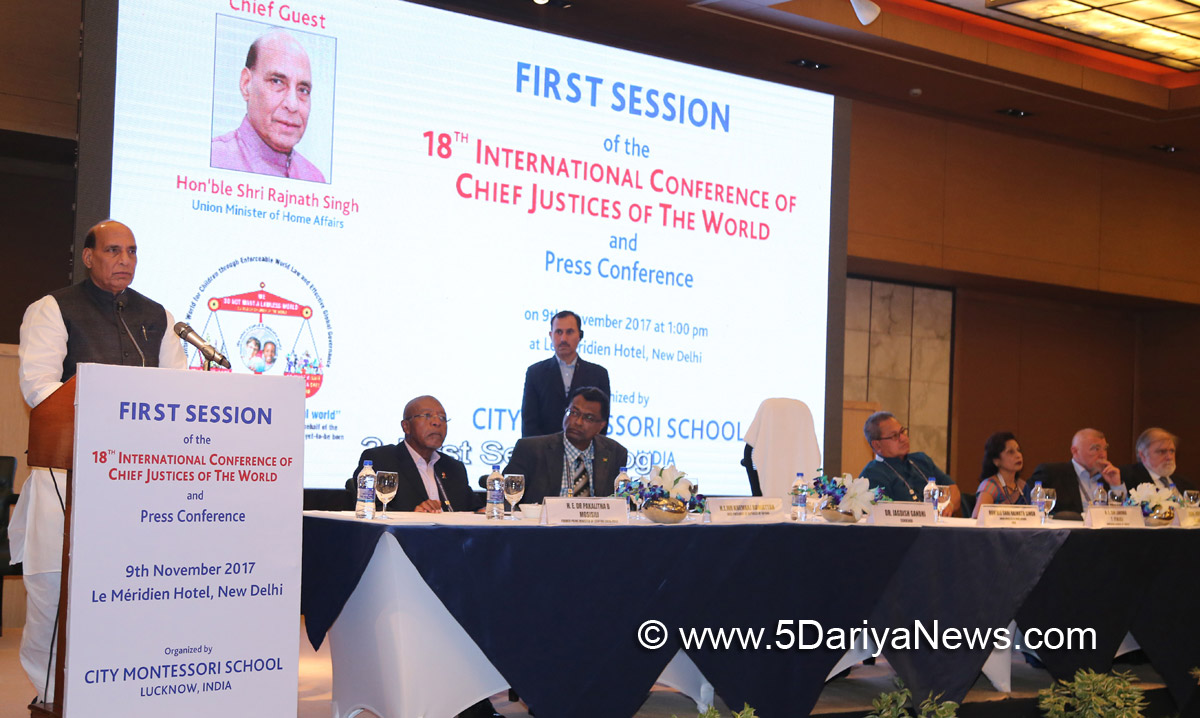 The Union Home Minister, Shri Rajnath Singh addressing at the 18th International Conference of Chief Justices of the World, in New Delhi on November 09, 2017.