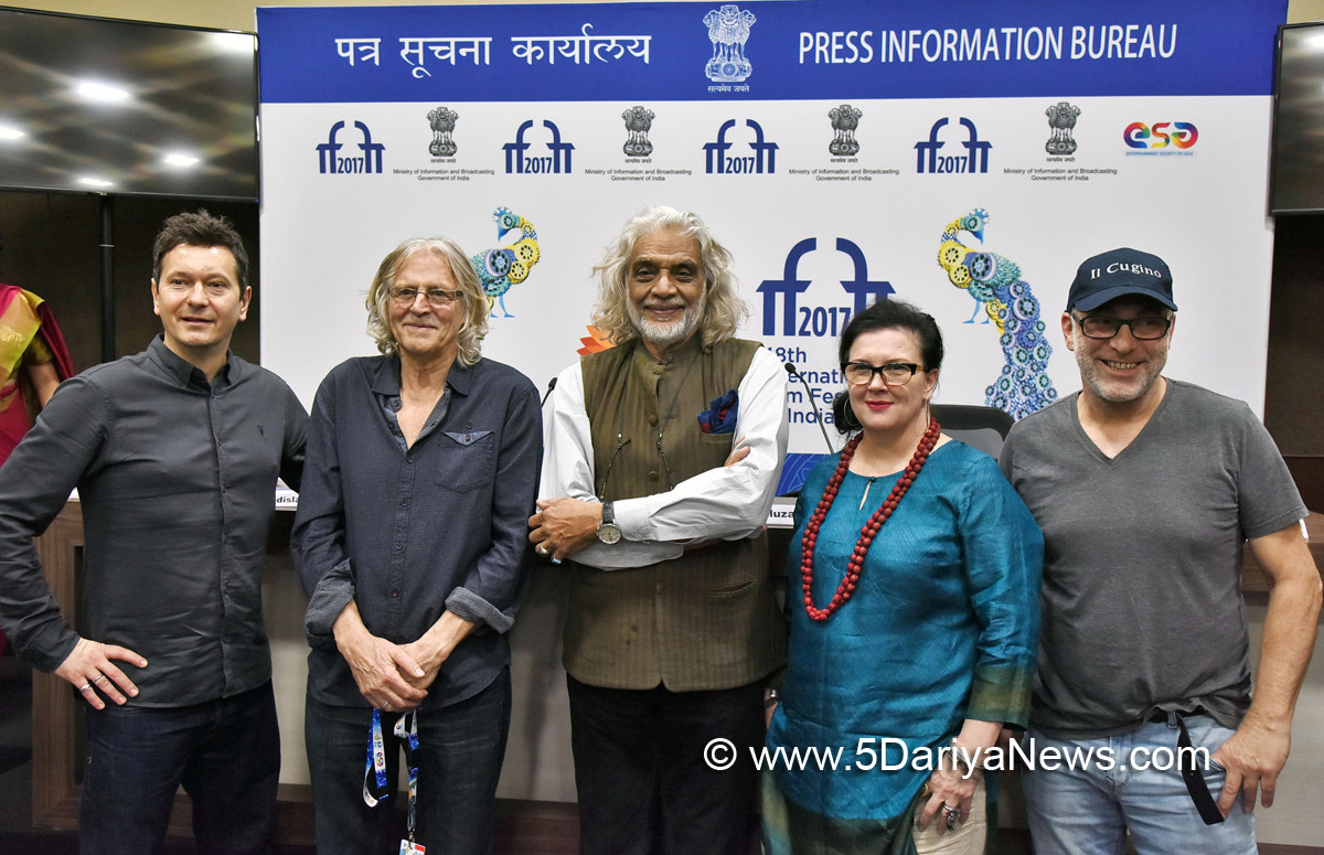 The International Jury Members of the IFFI-2017, Muzaffar Ali, Roger Christian, Tzahi Grad, Maxine Williamson and Vladislav Opelyants, at a press conference, during the 48th International Film Festival of India (IFFI-2017), in Panaji, Goa on November 25, 2017.