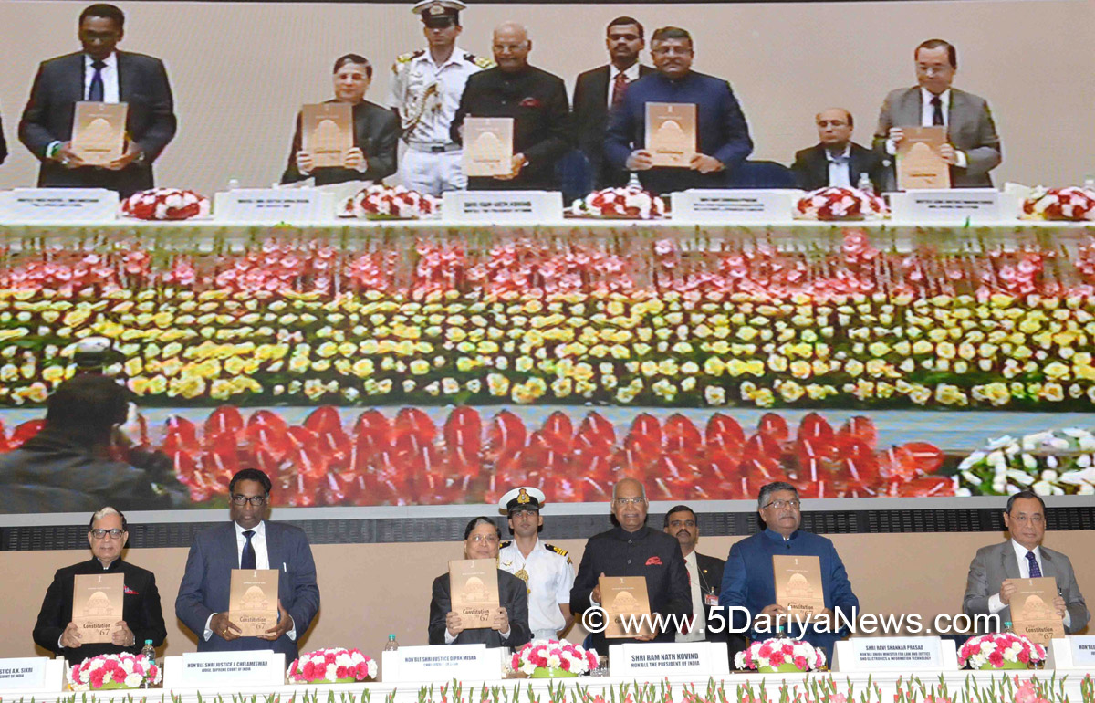 The President, Shri Ram Nath Kovind receiving the first copy of book ‘The Constitution at 67’ from the Chief Justice of India, Justice Shri Dipak Misra, at the inauguration of the Constitution Day celebrations, organised by the Supreme Court to mark the anniversary of the adoption of our Constitution on November 26, 1949, in New Delhi on November 26, 2017. The Union Minister for Electronics & Information Technology and Law & Justice, Shri Ravi Shankar Prasad and other dignitaries are also seen.