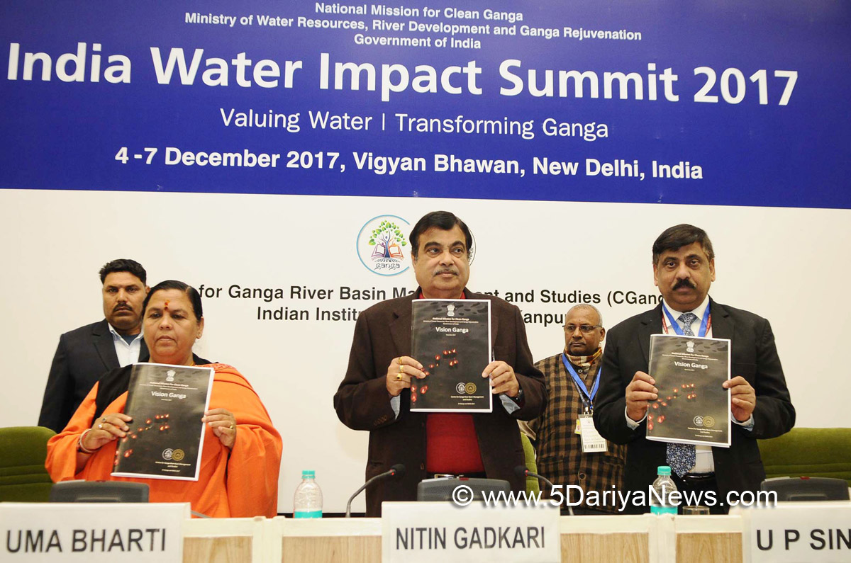   The Union Minister for Road Transport & Highways, Shipping and Water Resources, River Development & Ganga Rejuvenation, Shri Nitin Gadkari along with the Union Minister for Drinking Water & Sanitation, Sushri Uma Bharti releasing ‘Vision Ganga’, at the India Water Impact Summit 2017, in New Delhi on December 05, 2017. The Director General, National Mission for Clean Ganga, Shri U.P. Singh is also seen.