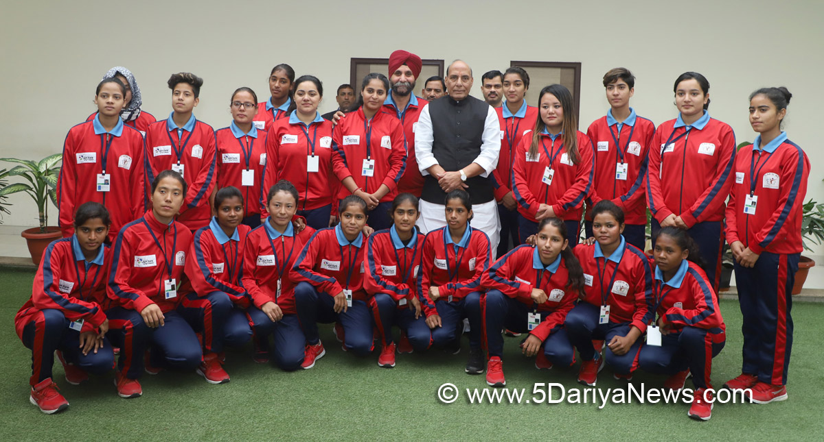   Women Football players from J&K in a group photograph with the Union Home Minister, Shri Rajnath Singh, in New Delhi on December 05, 2017.