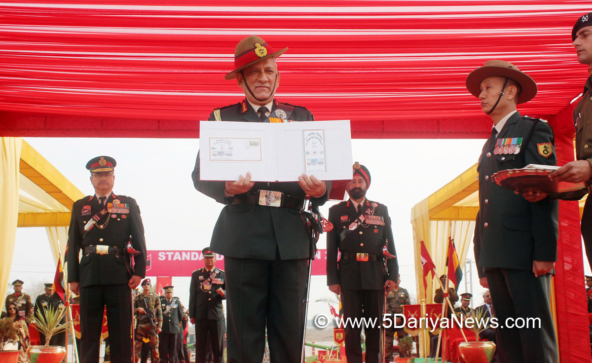 The Chief of Army Staff, General Bipin Rawat releasing the first day cover, on the occasion of Standard Presentation to the Armoured Regiments, at Suratgarh Military Station, in Rajasthan on December 05, 2017.