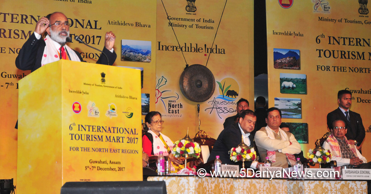 The Minister of State for Tourism (I/C) and Electronics & Information Technology, Shri Alphons Kannanthanam addressing at the inauguration of the 6th International Tourism Mart 2017, in Guwahati on December 05, 2017. The Governor of Assam, Shri Jagdish Mukhi, the Chief Minister of Assam, Shri Sarbananda Sonowal and other dignitaries are also seen.