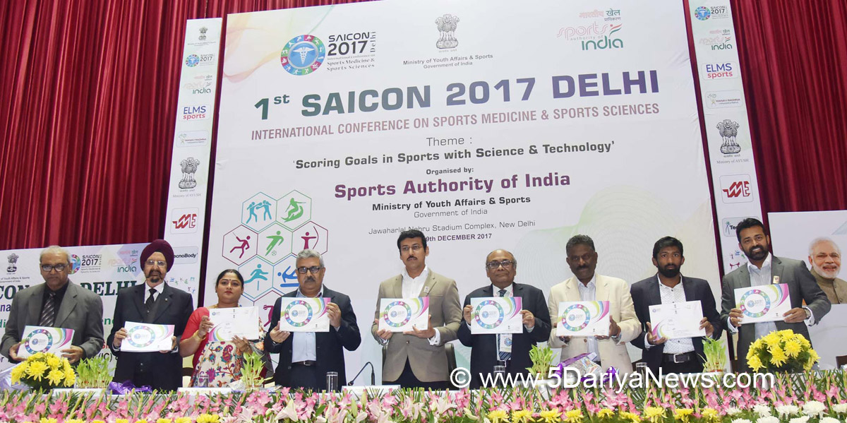 The Minister of State for Youth Affairs and Sports (I/C) and Information & Broadcasting, Col. Rajyavardhan Singh Rathore releasing the publication at the inauguration of the 1st SAICON 2017 Delhi (International Conference on Sports Medicine & Sports Sciences), in New Delhi on December 07, 2017.