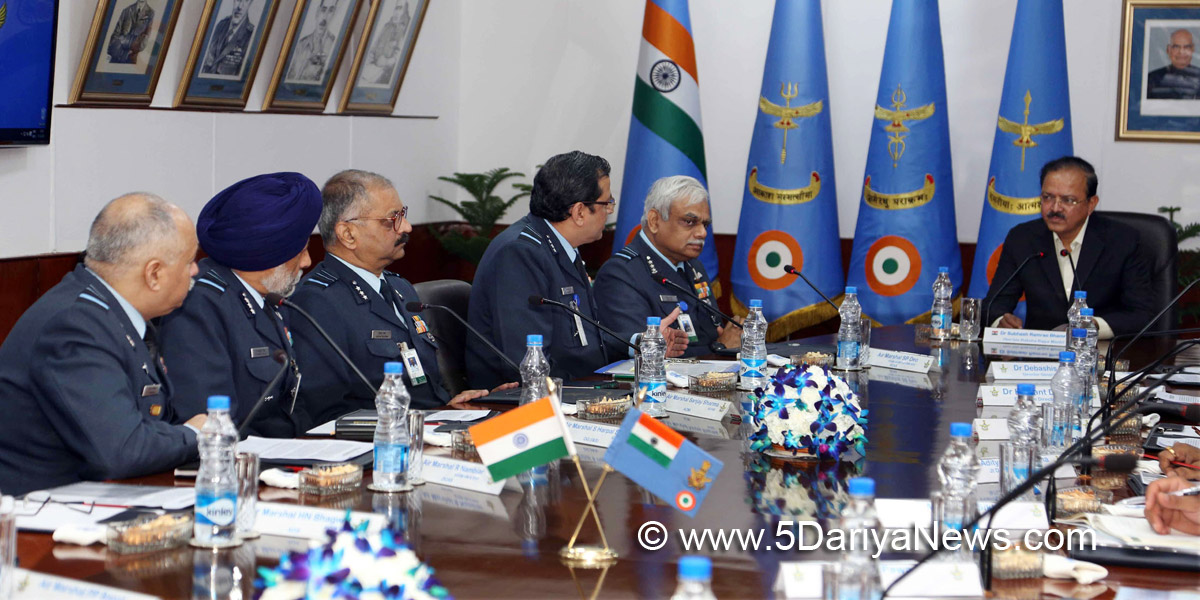The Minister of State for Defence, Dr. Subhash Ramrao Bhamre interacting with senior Officers of IAF & C-DAC, during the launch of web portal for online examination of Officers and Airmen Selection, in New Delhi on December 11, 2017.