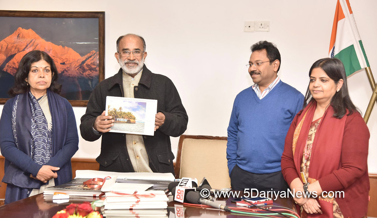  The Minister of State for Tourism (I/C) and Electronics & Information Technology, Shri Alphons Kannanthanam launching the “Incredible India Table Calendar 2018”, in New Delhi on January 12, 2018. The Secretary, Ministry of Tourism, Smt. Rashmi Verma is also seen.