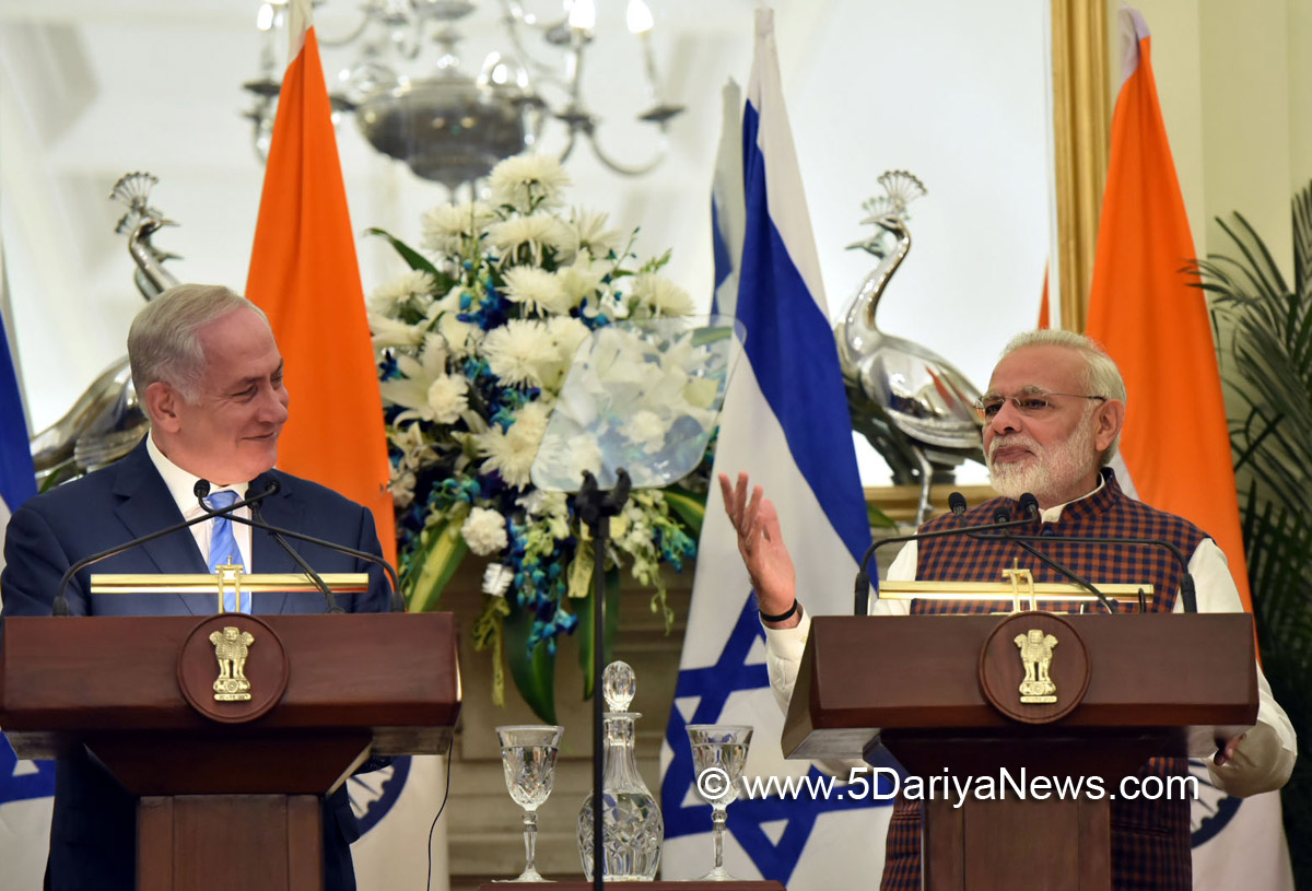 The Prime Minister, Shri Narendra Modi and the Prime Minister of Israel, Mr. Benjamin Netanyahu during Press Statement, at Hyderabad House, in New Delhi on January 15, 2018.