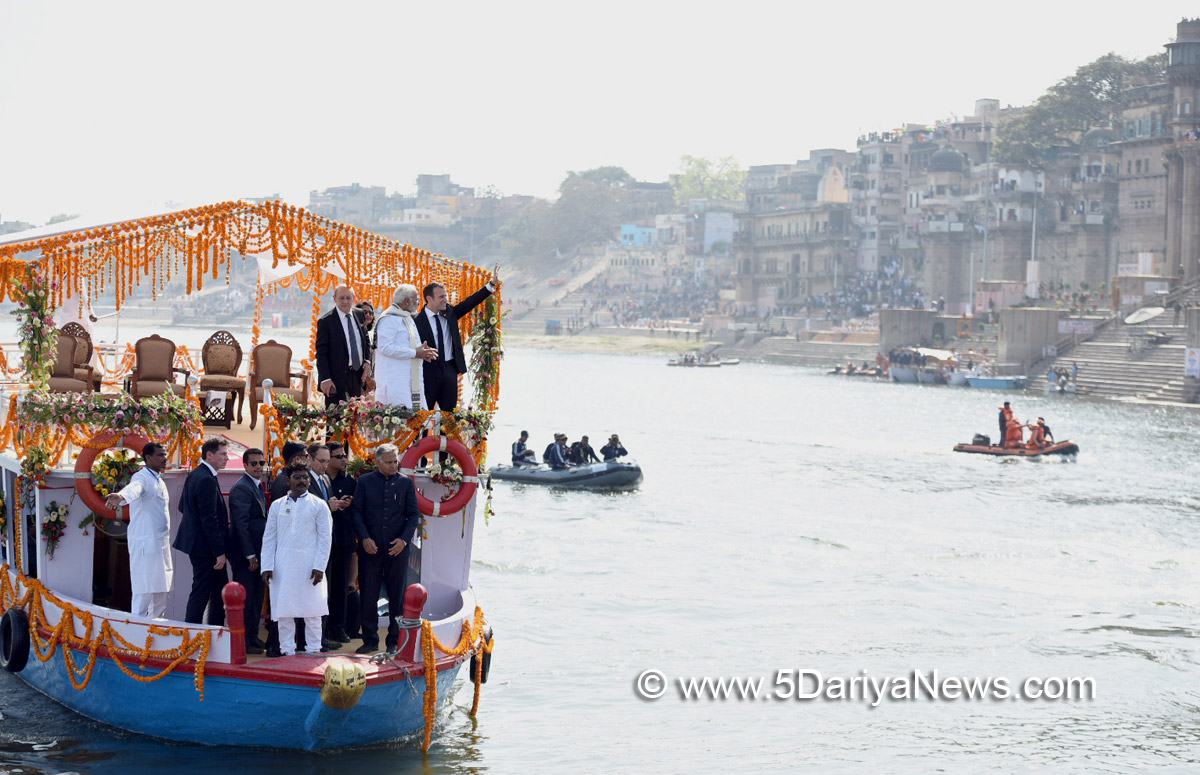 The Prime Minister, Shri Narendra Modi and the President of the French Republic, Mr. Emmanuel Macron take a boat ride on the Ganga River, in Varanasi, Uttar Pradesh on March 12, 2018.