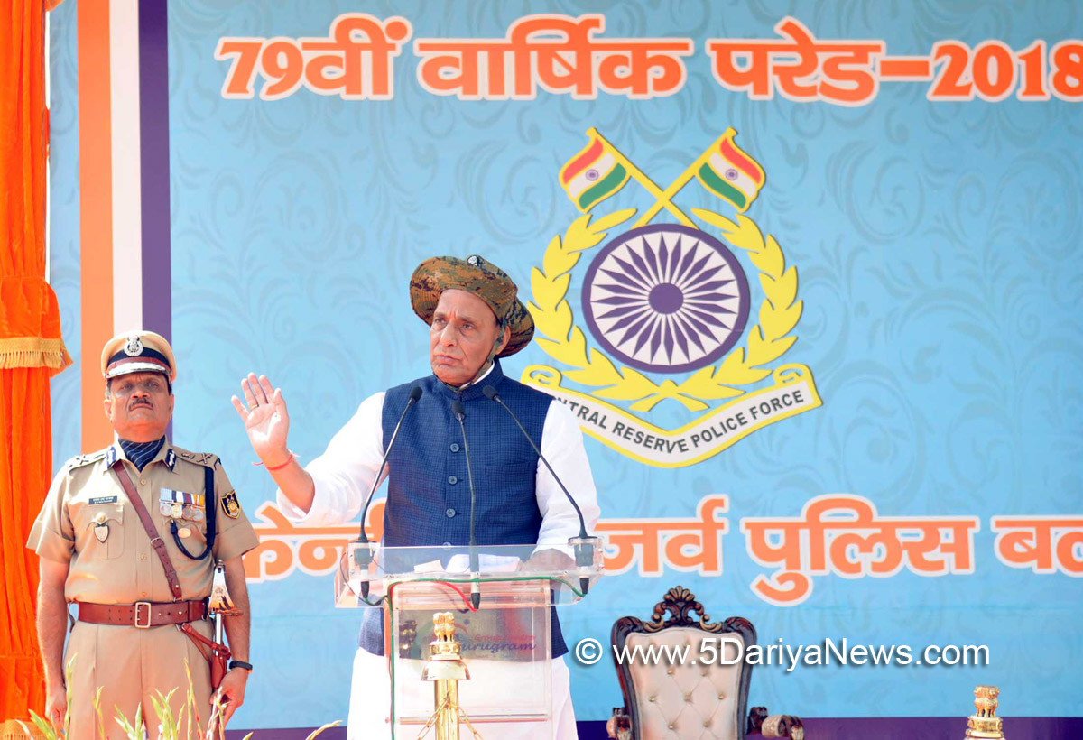 The Union Home Minister, Shri Rajnath Singh addressing at the CRPF’s 79th Raising Day Parade function, in Gurugram, Haryana on March 24, 2018.