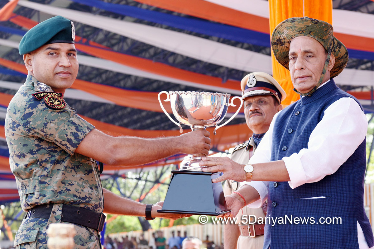 The Union Home Minister, Shri Rajnath Singh presenting trophies on the occasion of CRPF’s 79th Raising Day Parade, in Gurugram, Haryana on March 24, 2018.