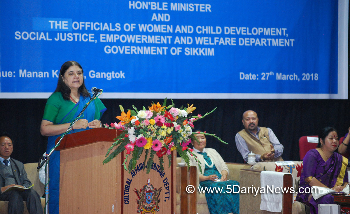 The Union Minister for Women and Child Development, Smt. Maneka Sanjay Gandhi addressing the Anganwadi workers and other women and child development functionaries, at Manan Kendra, in Gangtok on March 27, 2018. 