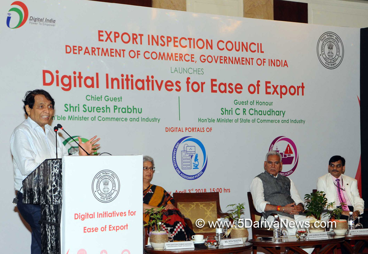 The Union Minister for Commerce & Industry and Civil Aviation, Shri Suresh Prabhakar Prabhu addressing at the launch of the digital initiatives by Export Inspection Council (EIC) for use by exporters and stakeholders, in New Delhi on April 03, 2018.