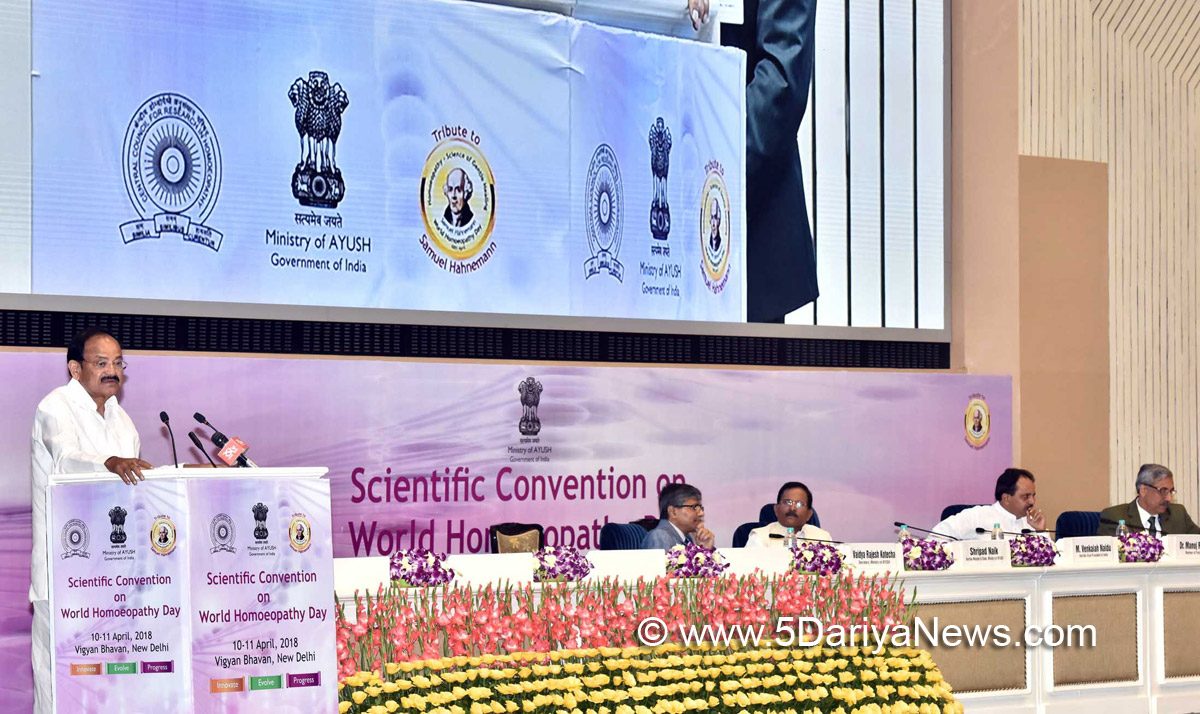 The Vice President, Shri M. Venkaiah Naidu addressing the gathering on the World Homoeopathy Day, in New Delhi on April 10, 2018. The Minister of State for AYUSH (Independent Charge), Shri Shripad Yesso Naik and other dignitaries are also seen.
